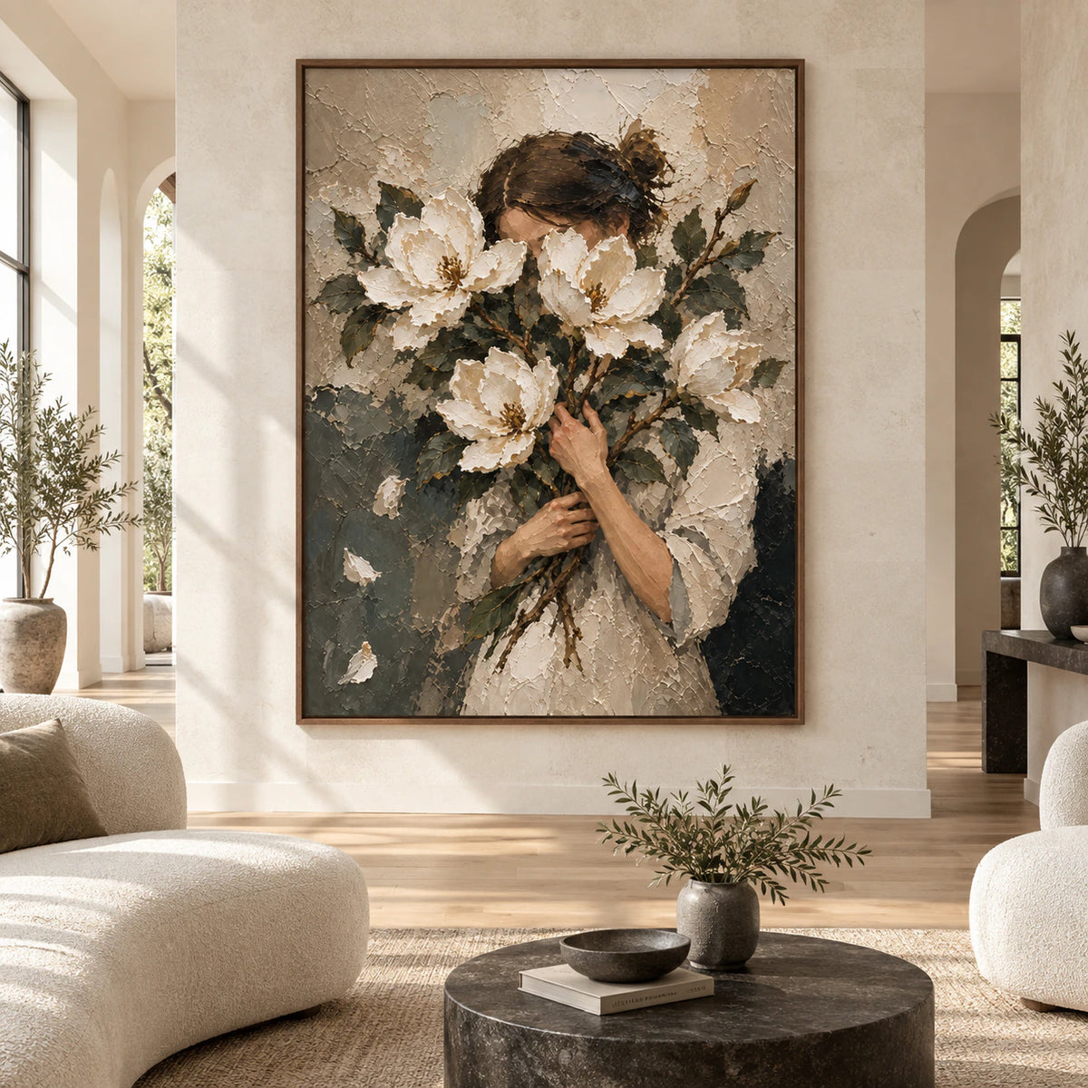 Veiled-Magnolia displayed large and straight-on in a spacious daylight-filled interior.