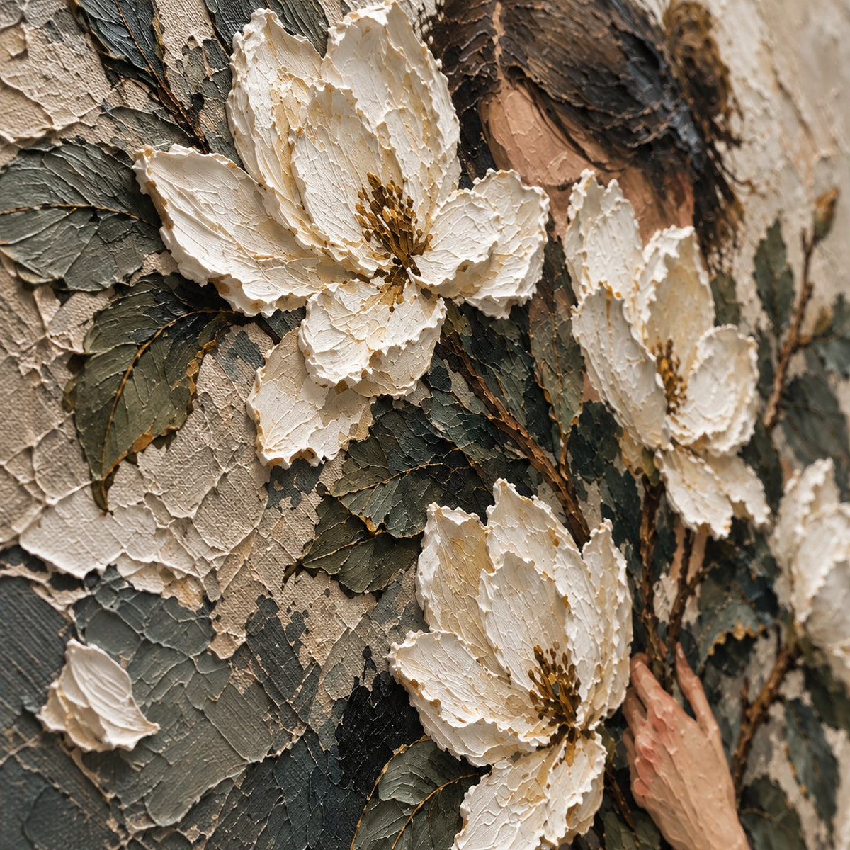 Veiled-Magnolia oil painting brushwork and impasto detail photographed from an oblique side angle