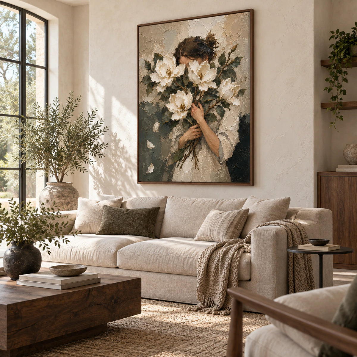 Veiled-Magnolia above a restrained sofa in a bright living room.