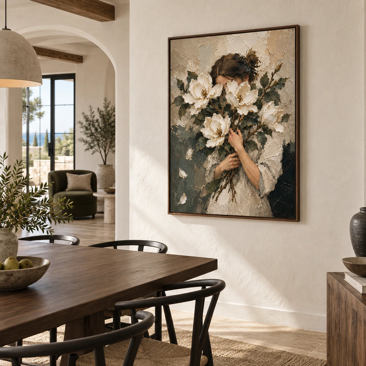 Veiled-Magnolia as the focal artwork in a refined daylight dining room.
