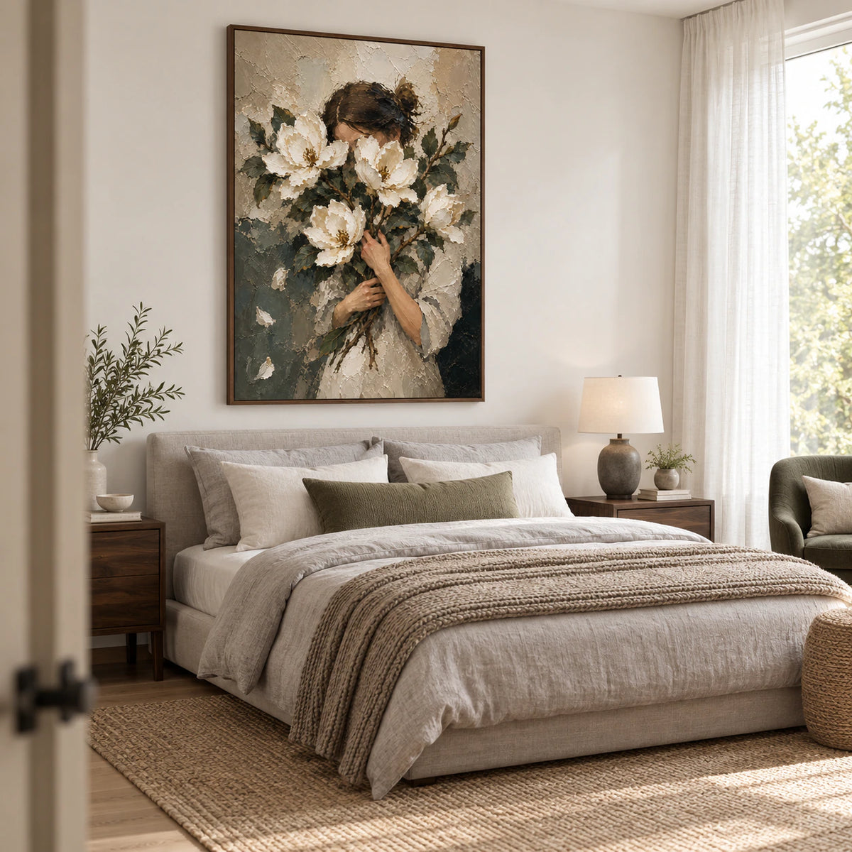 Veiled-Magnolia displayed above a low bed in a quiet airy bedroom.