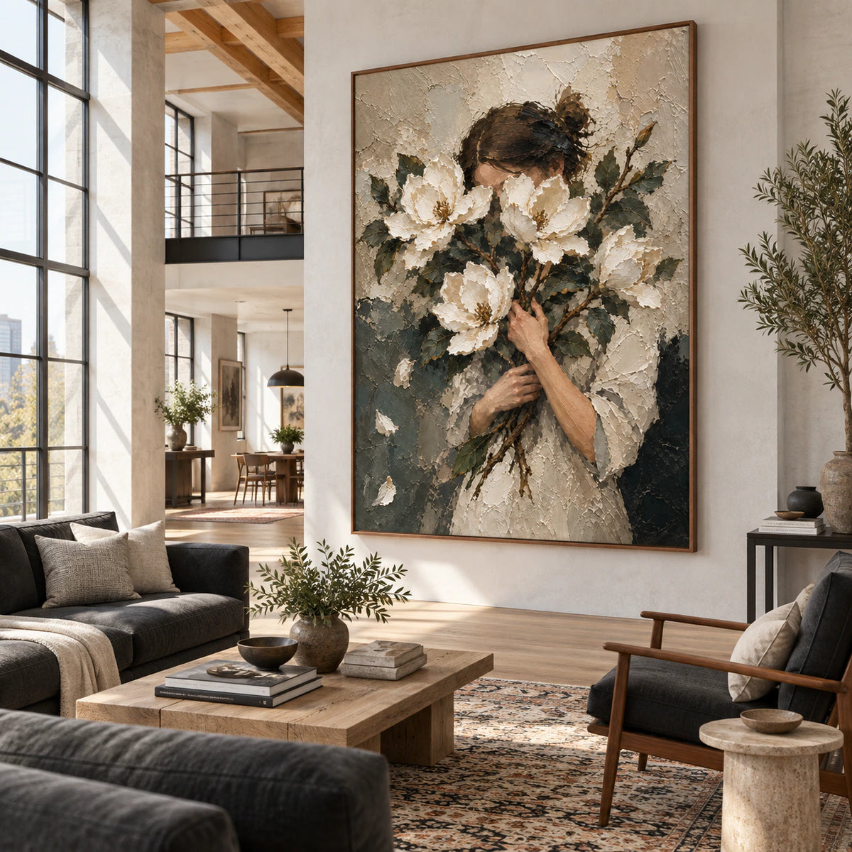 Veiled-Magnolia anchoring an expansive daylight hospitality loft interior.