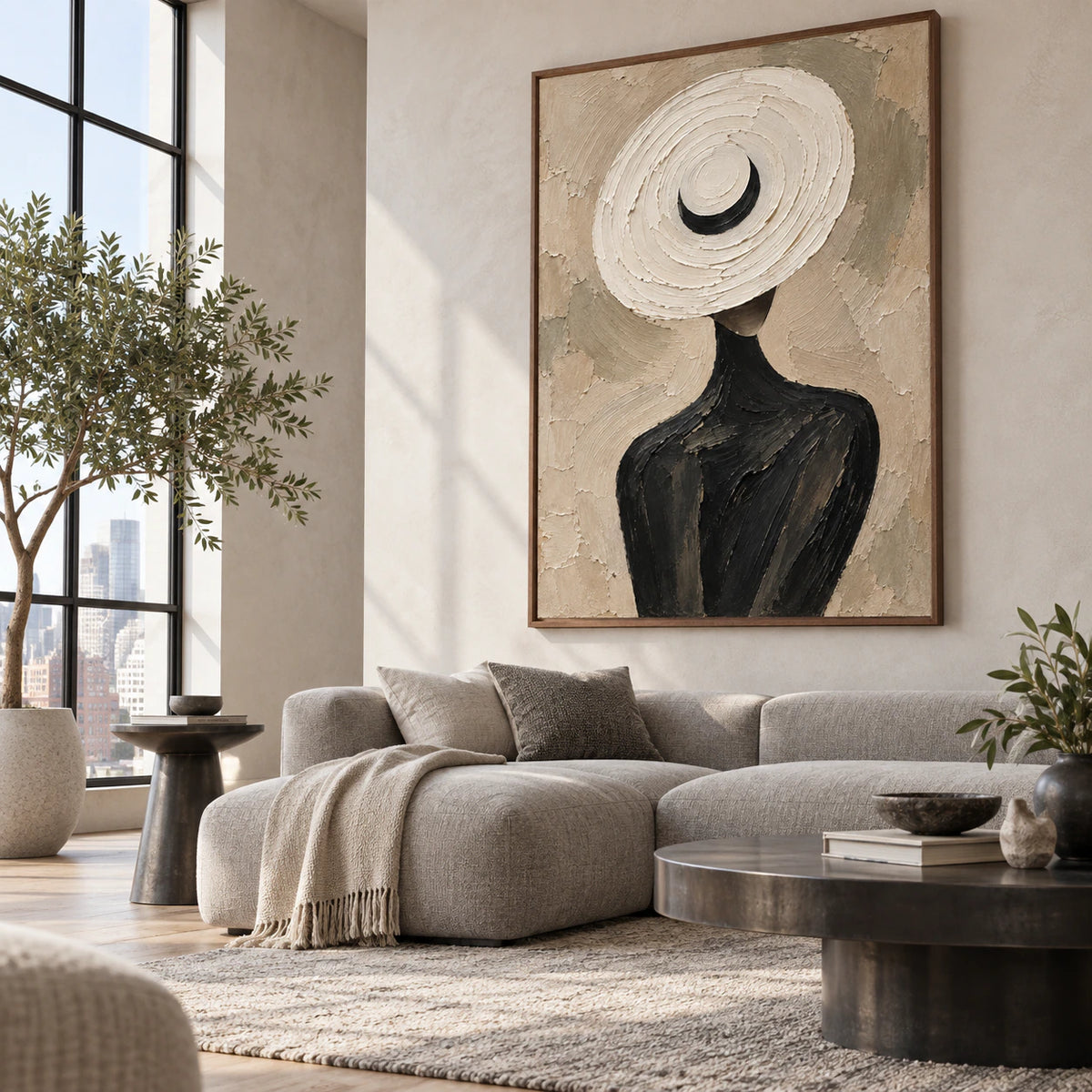 Veiled-Oracle as a large focal artwork in a bright contemporary living room.