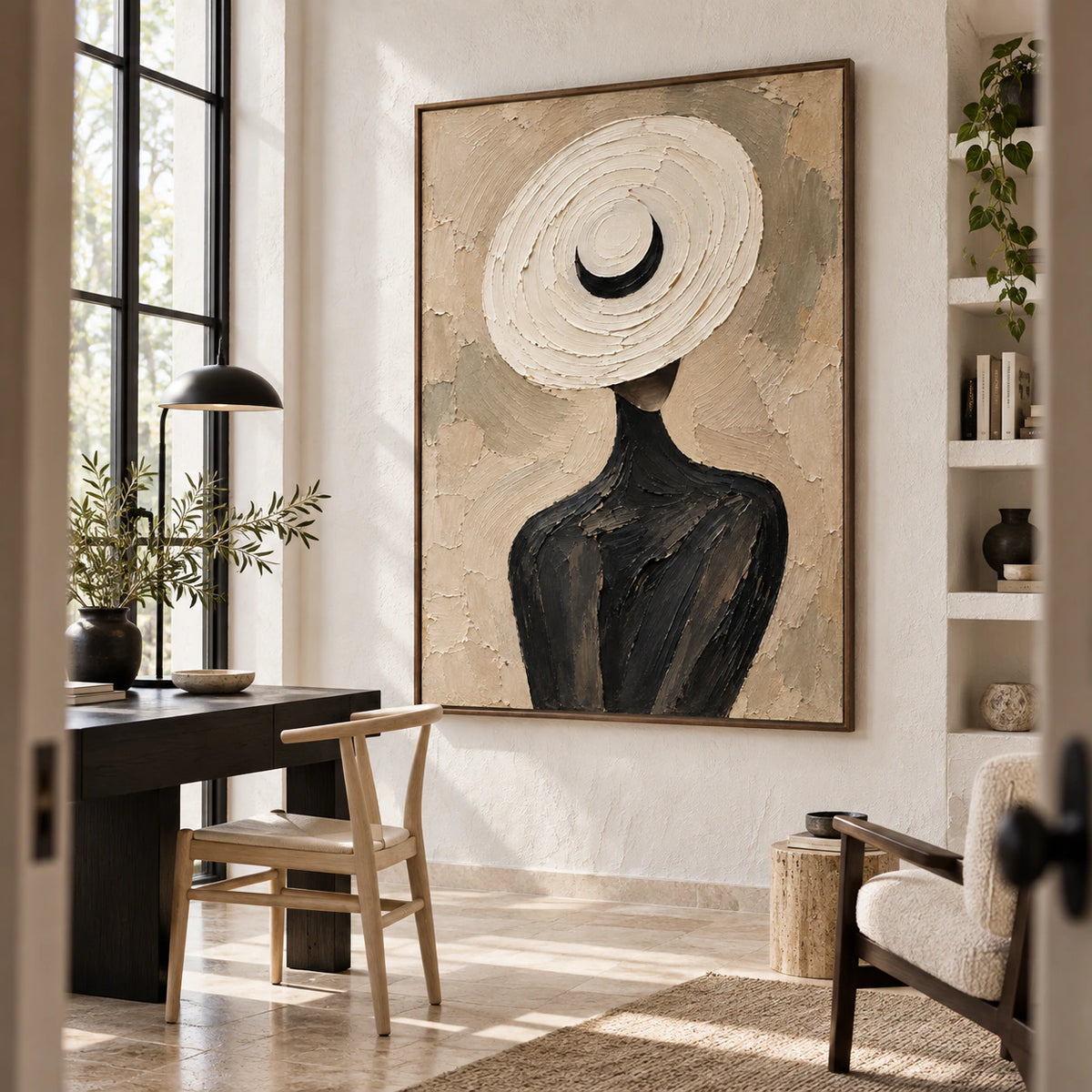 Veiled-Oracle anchoring an airy reading and home office space.