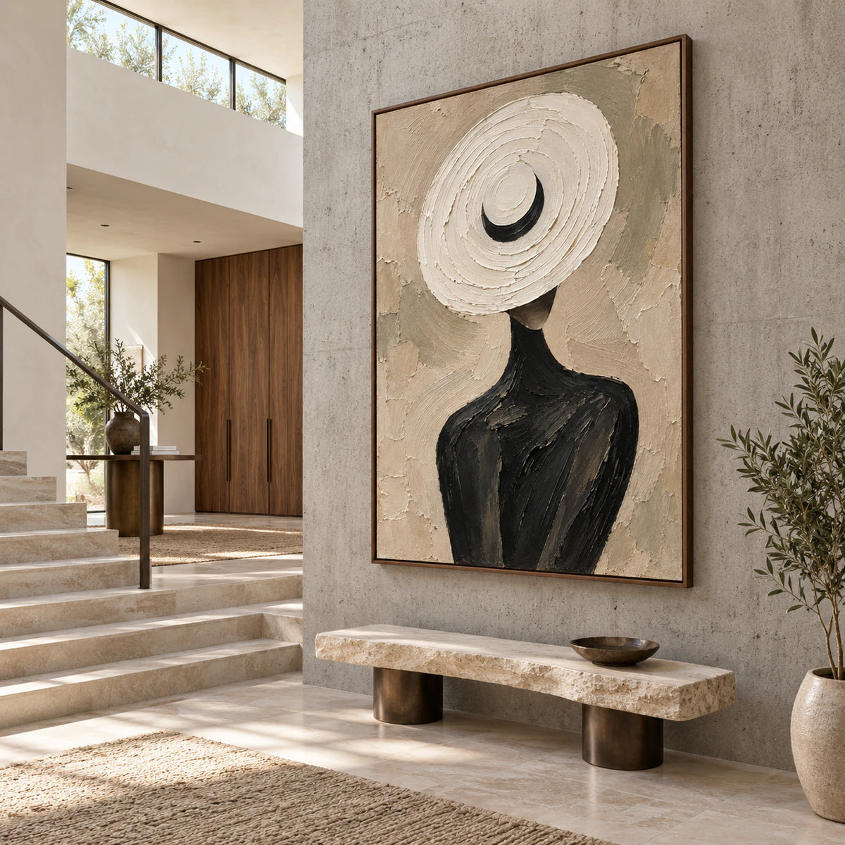 Veiled-Oracle presented at gallery scale in a bright, sculptural foyer.