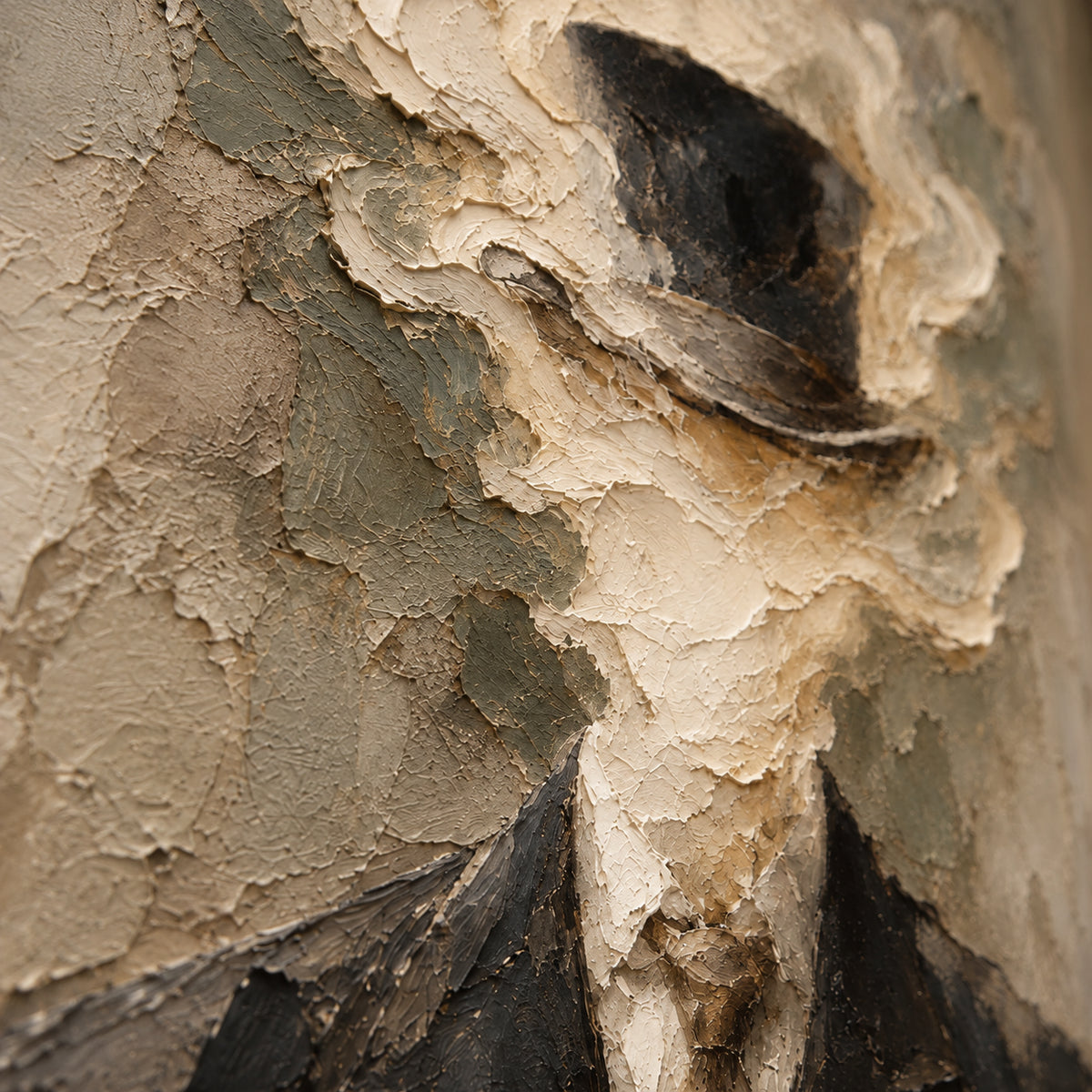 Veiled-Patina oil painting brushwork and impasto detail photographed from an oblique side angle