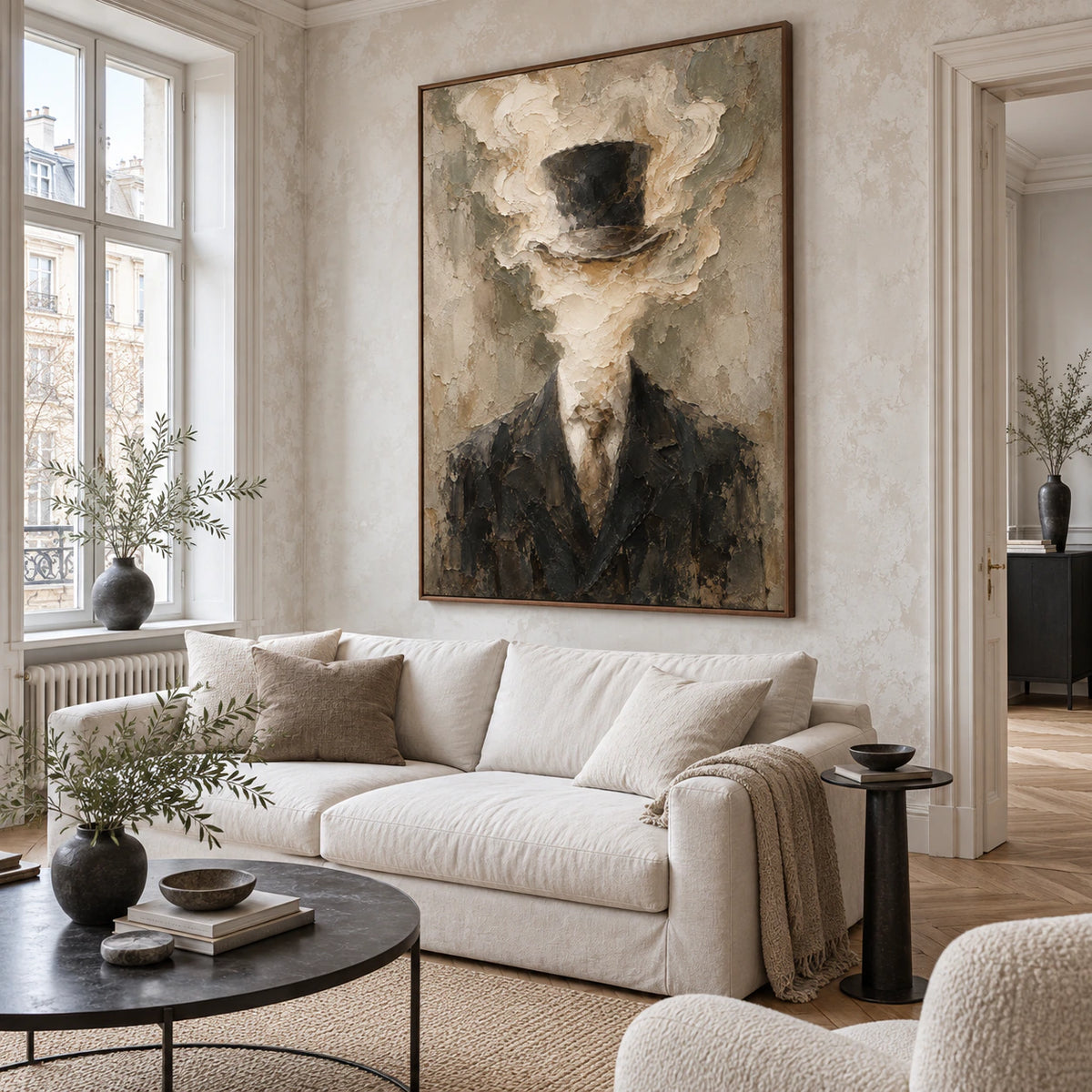 Veiled-Patina above a sofa in a bright contemporary living room.