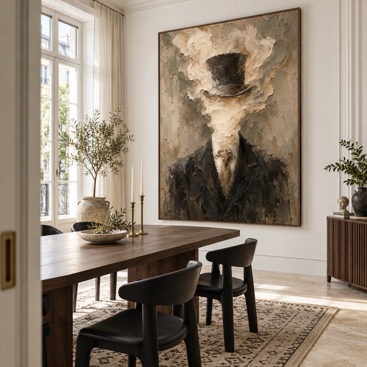 Veiled-Patina as the focal artwork in a refined daylight dining room.