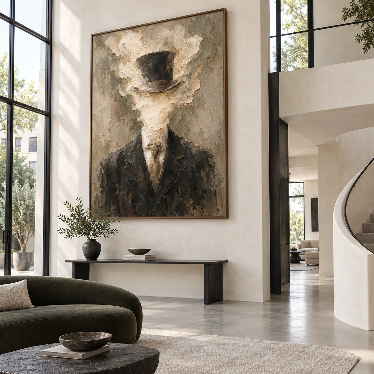 Veiled-Patina at gallery scale in a bright architectural foyer.