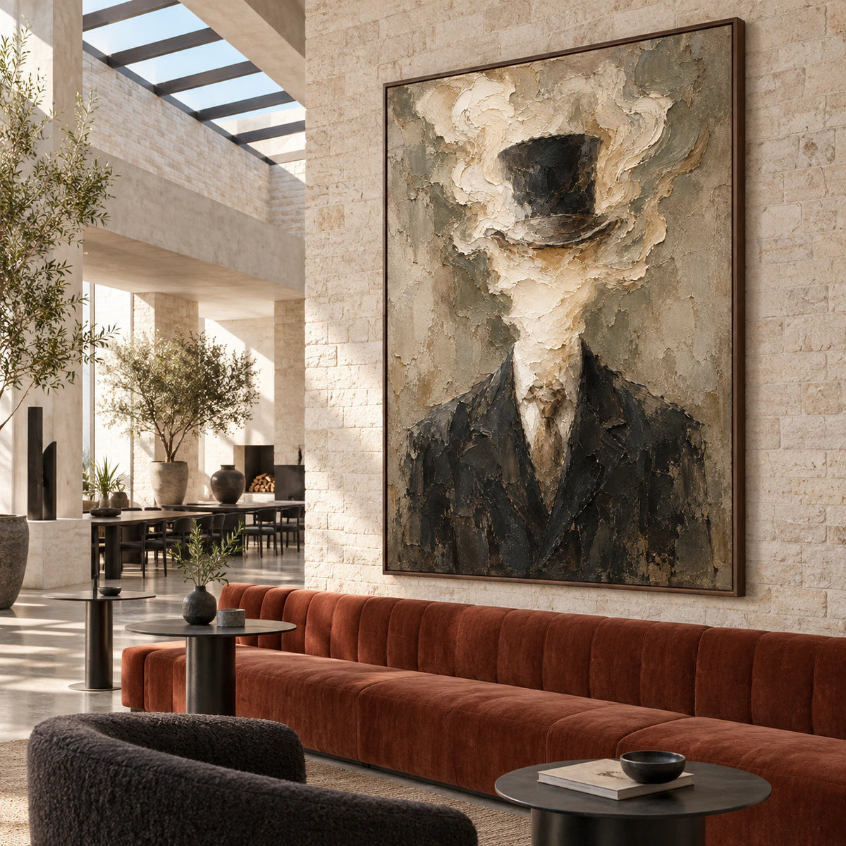 Veiled-Patina as a large focal artwork in an expansive loft interior.