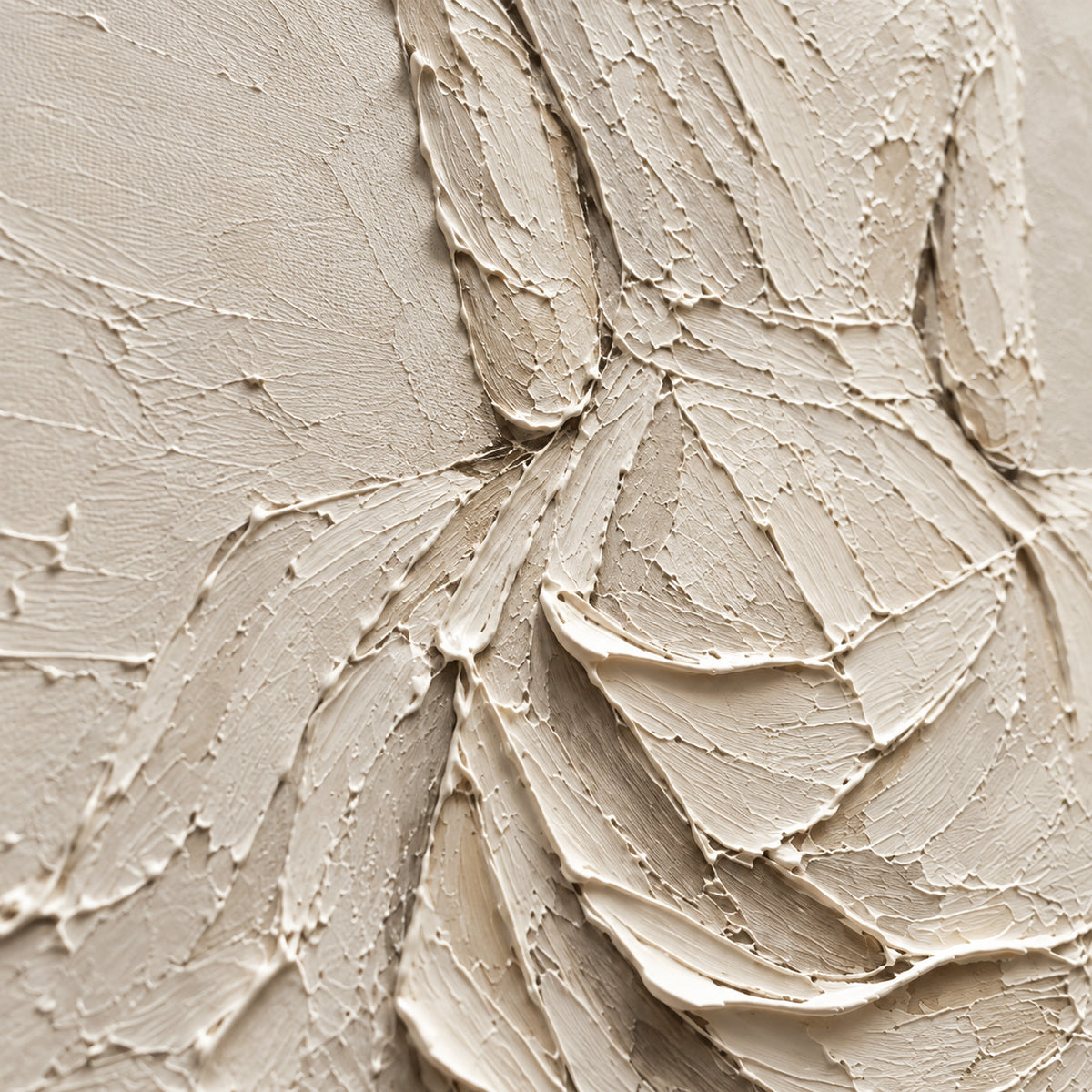 Close oblique detail of the oil painting, with grazing light revealing raised ivory strokes, pale taupe tones and shallow shadows.