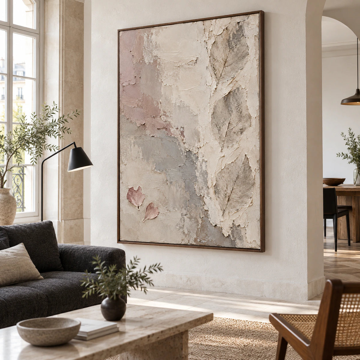 Veiled-Relief as the focal artwork in a bright contemporary living room.