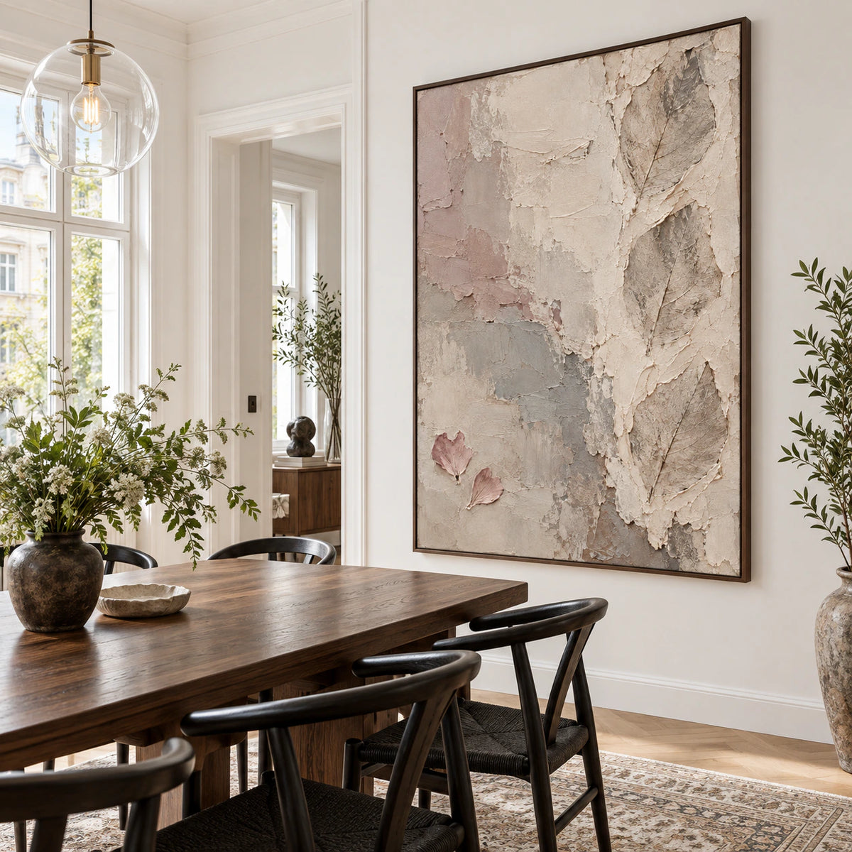 Veiled-Relief above a refined dining setting in natural daylight.