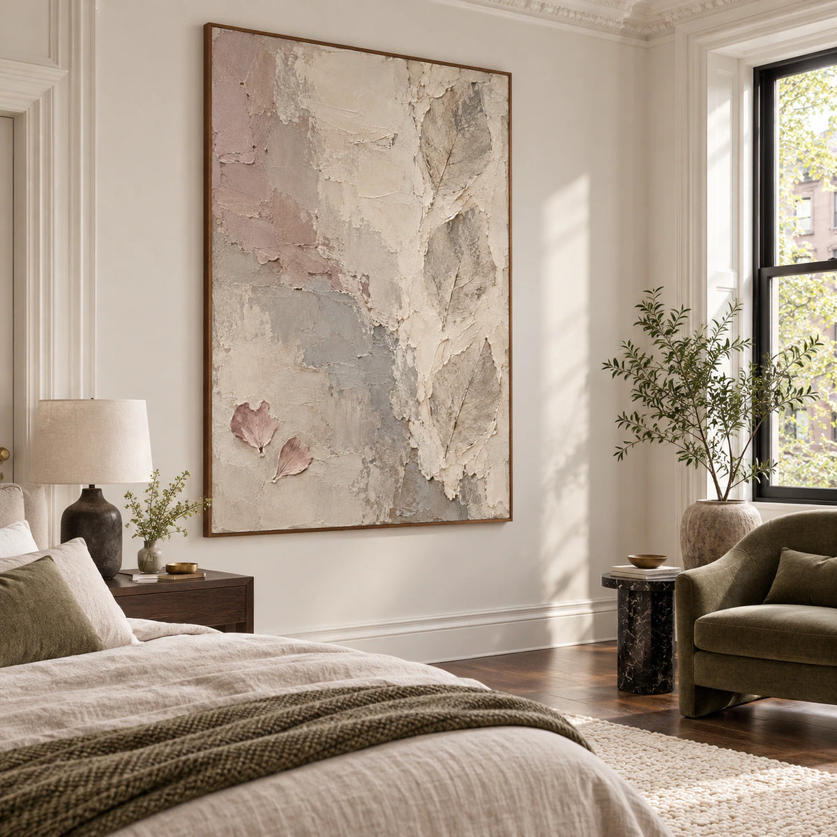 Veiled-Relief featured in a quiet, light-filled bedroom.