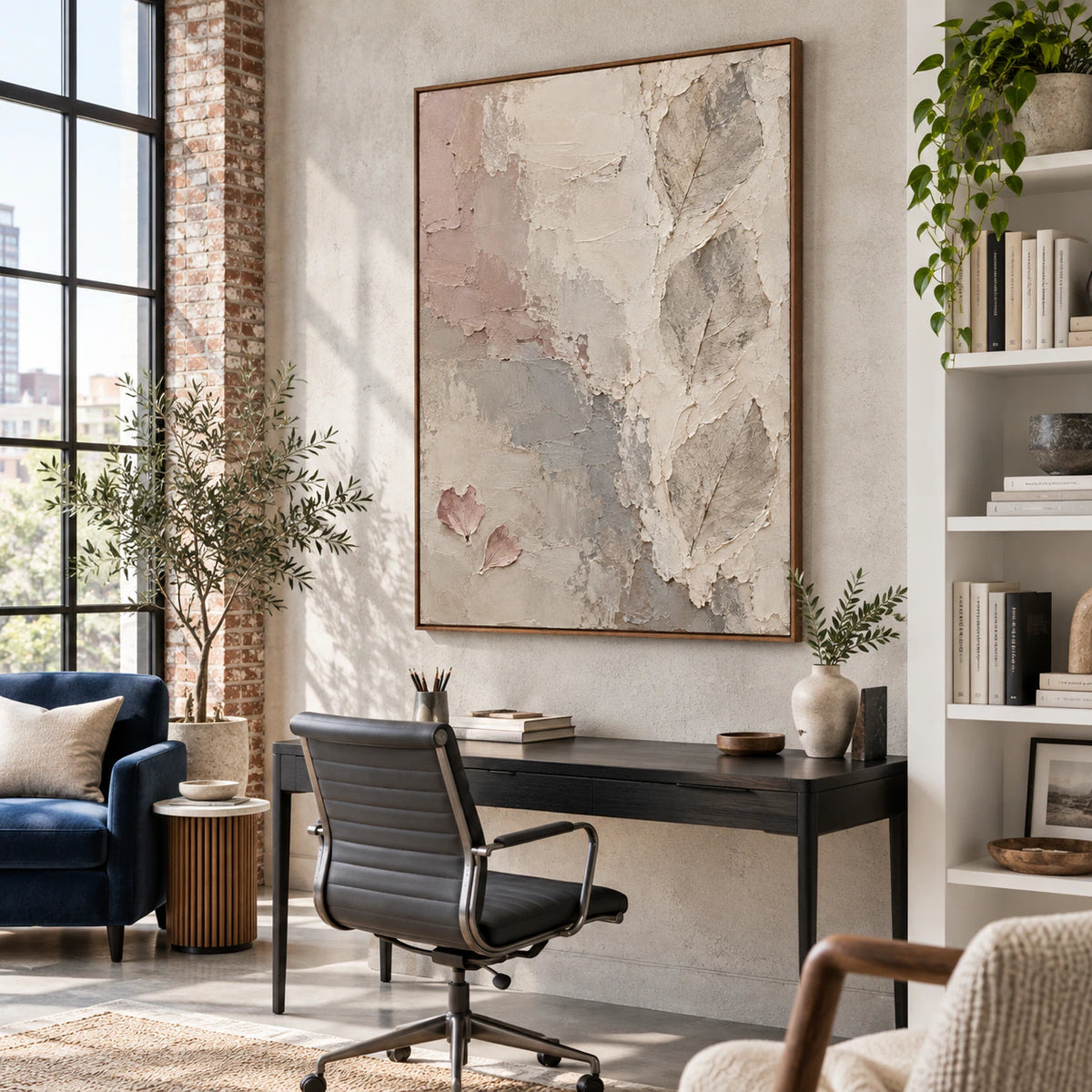 Veiled-Relief anchoring an airy home office reading space.