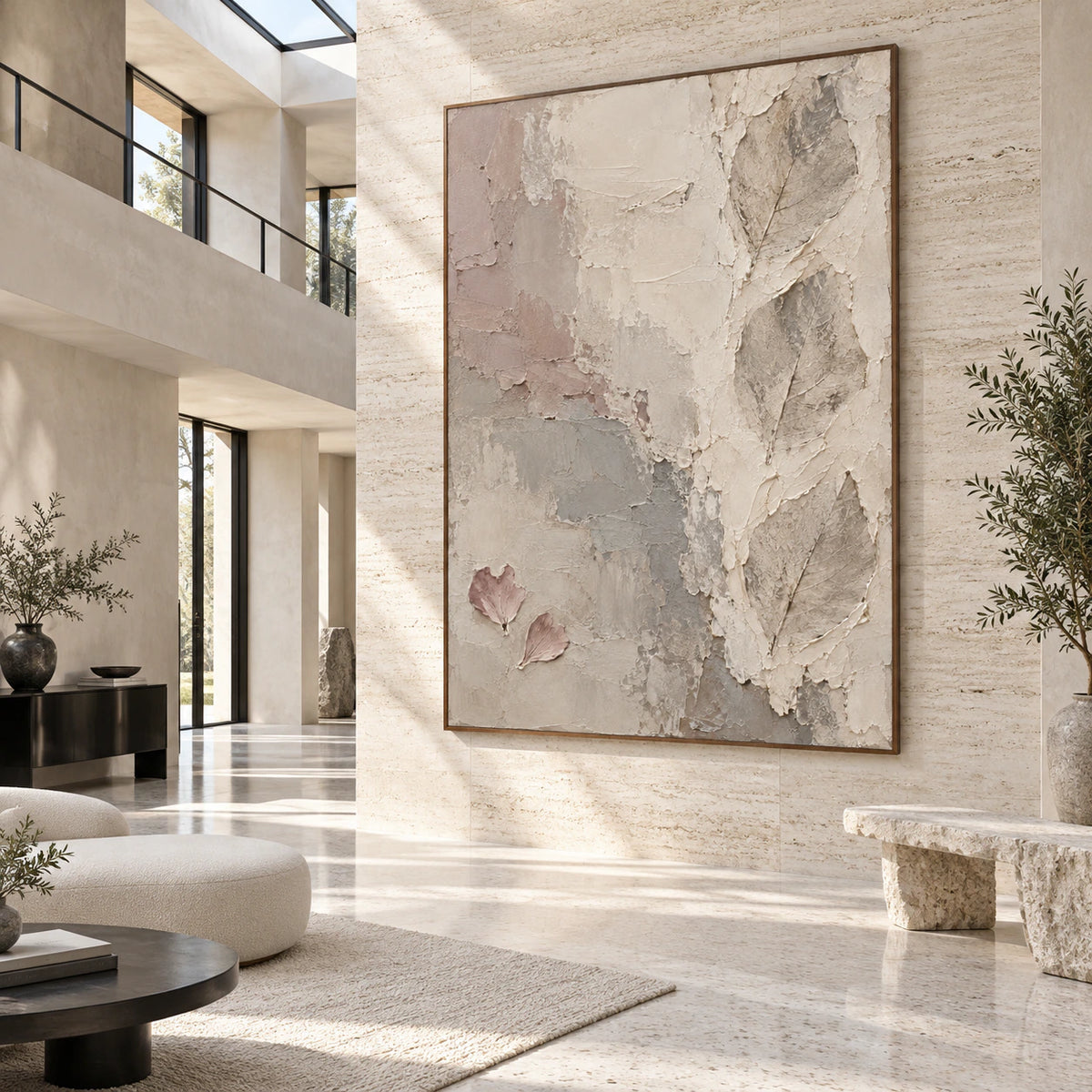 Veiled-Relief presented at gallery scale in an open foyer.