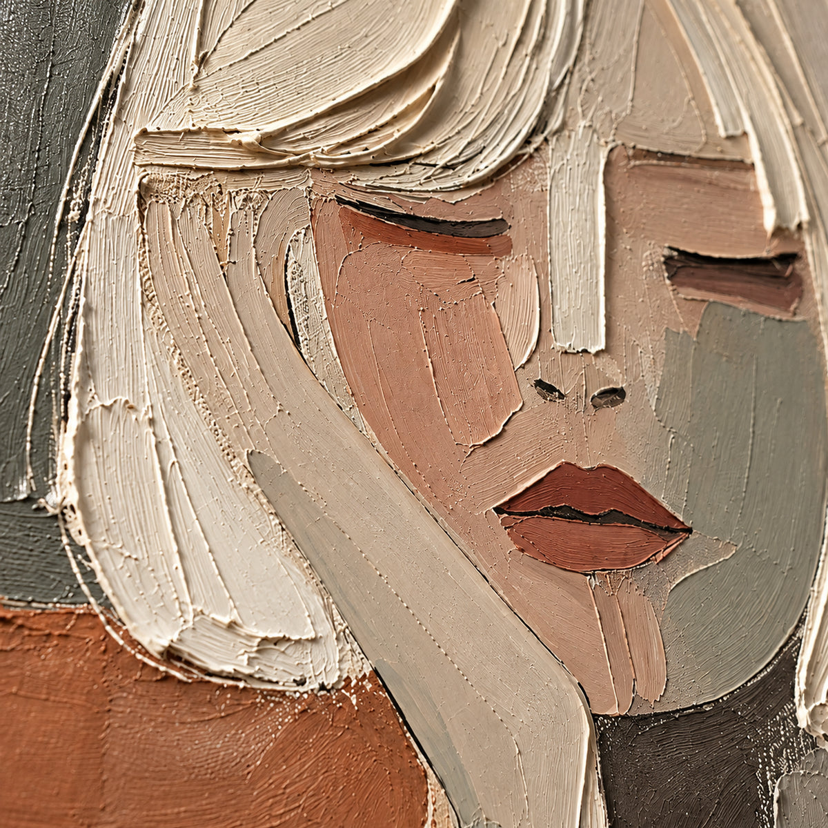 Veiled-Reverie oil painting brushwork and impasto detail photographed from an oblique side angle