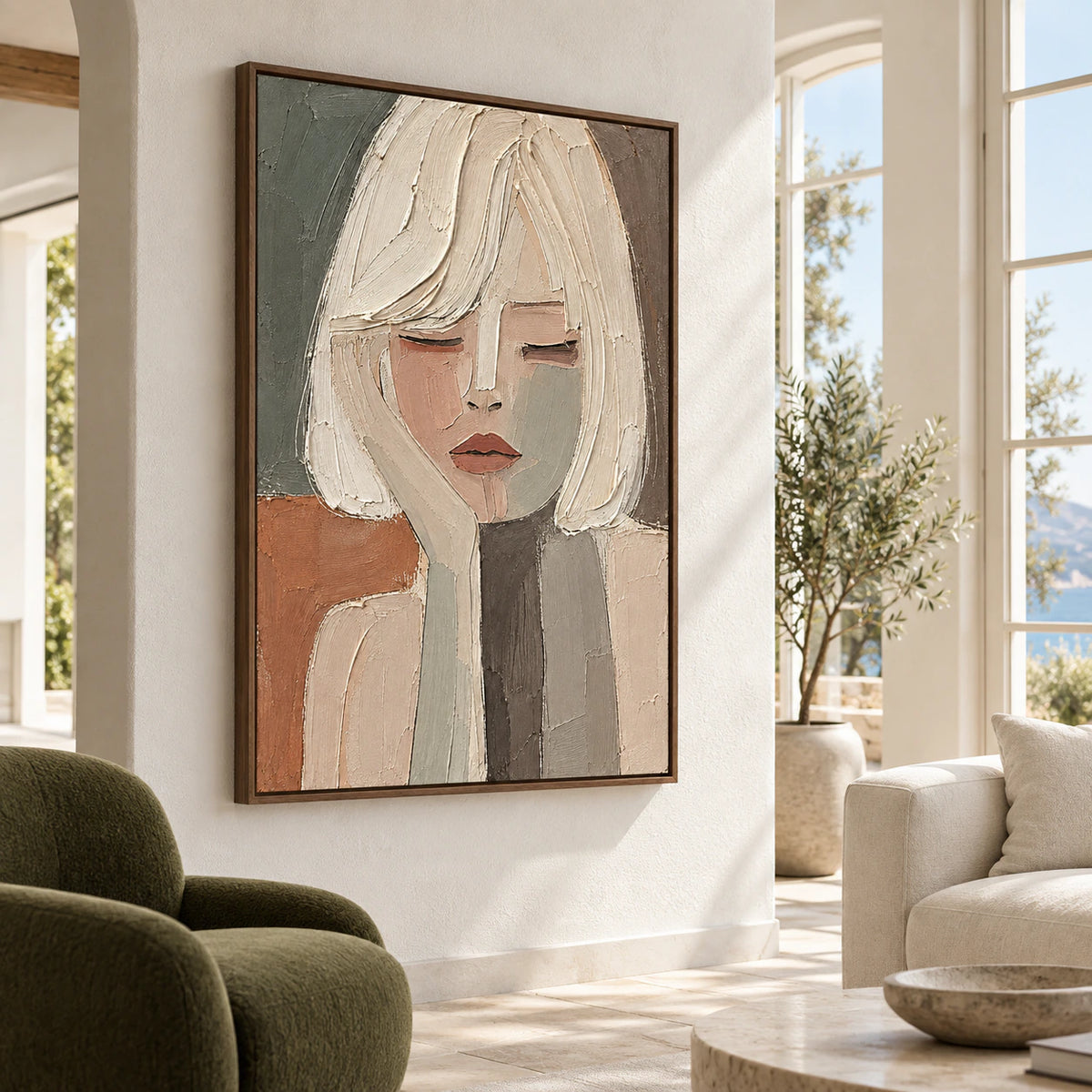 Veiled-Reverie as the focal artwork in a bright contemporary living room.