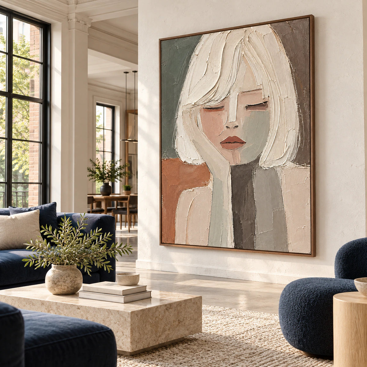 Veiled-Reverie as a large focal artwork in an expansive loft hospitality interior.