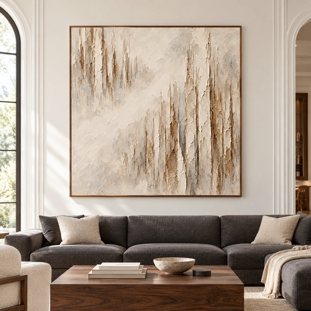 Large square Veiled-Strata abstract wall art displayed straight-on in a spacious, sunlit living room.