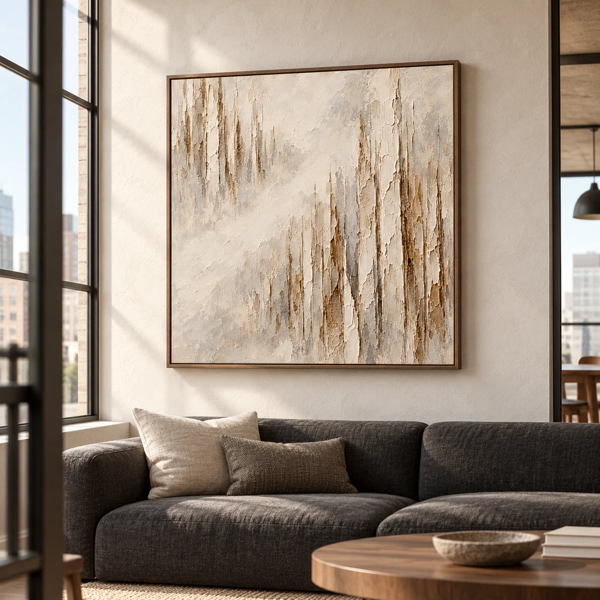 Veiled-Strata square abstract wall art above a charcoal sofa in a bright living room with tall windows and restrained furnishings.
