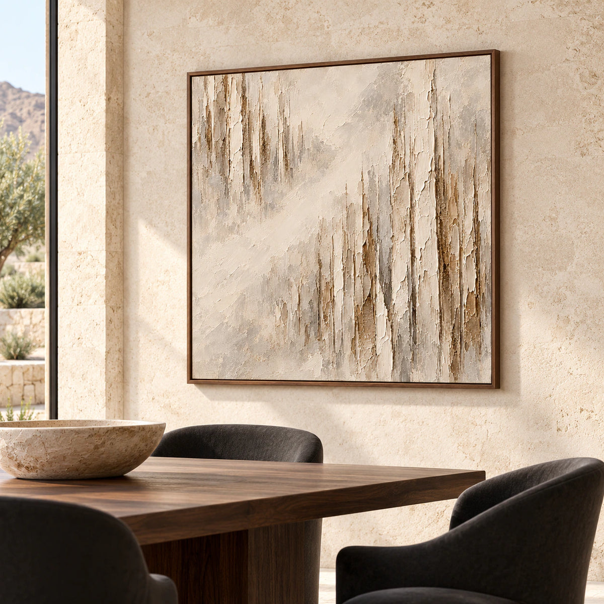 Veiled-Strata square abstract wall art anchoring a refined dining room with a dark wood table, sculptural chairs and daylight across a pale plaster wall.