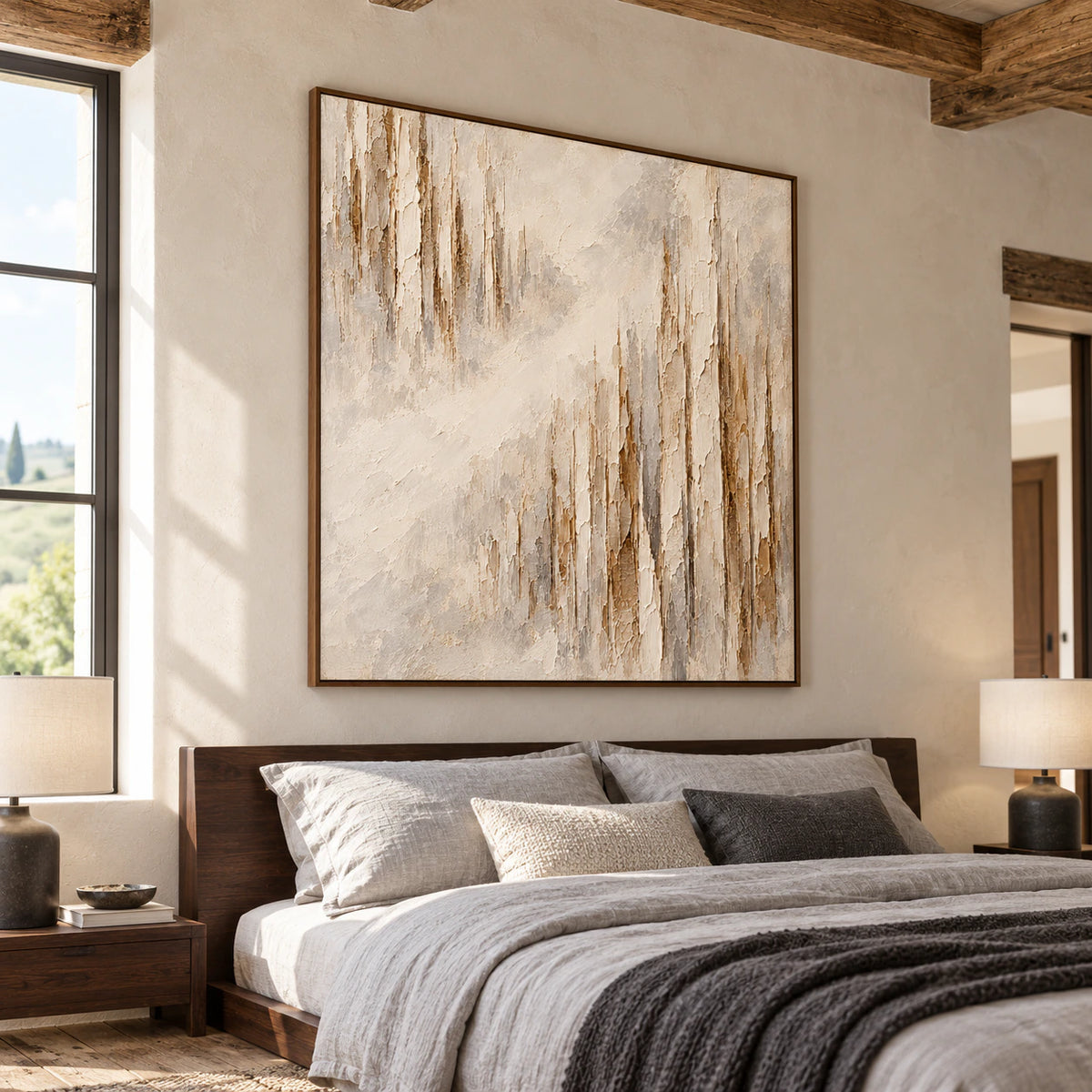 Veiled-Strata square abstract wall art above a low bed in a quiet, naturally lit bedroom with muted linen and dark wood accents.