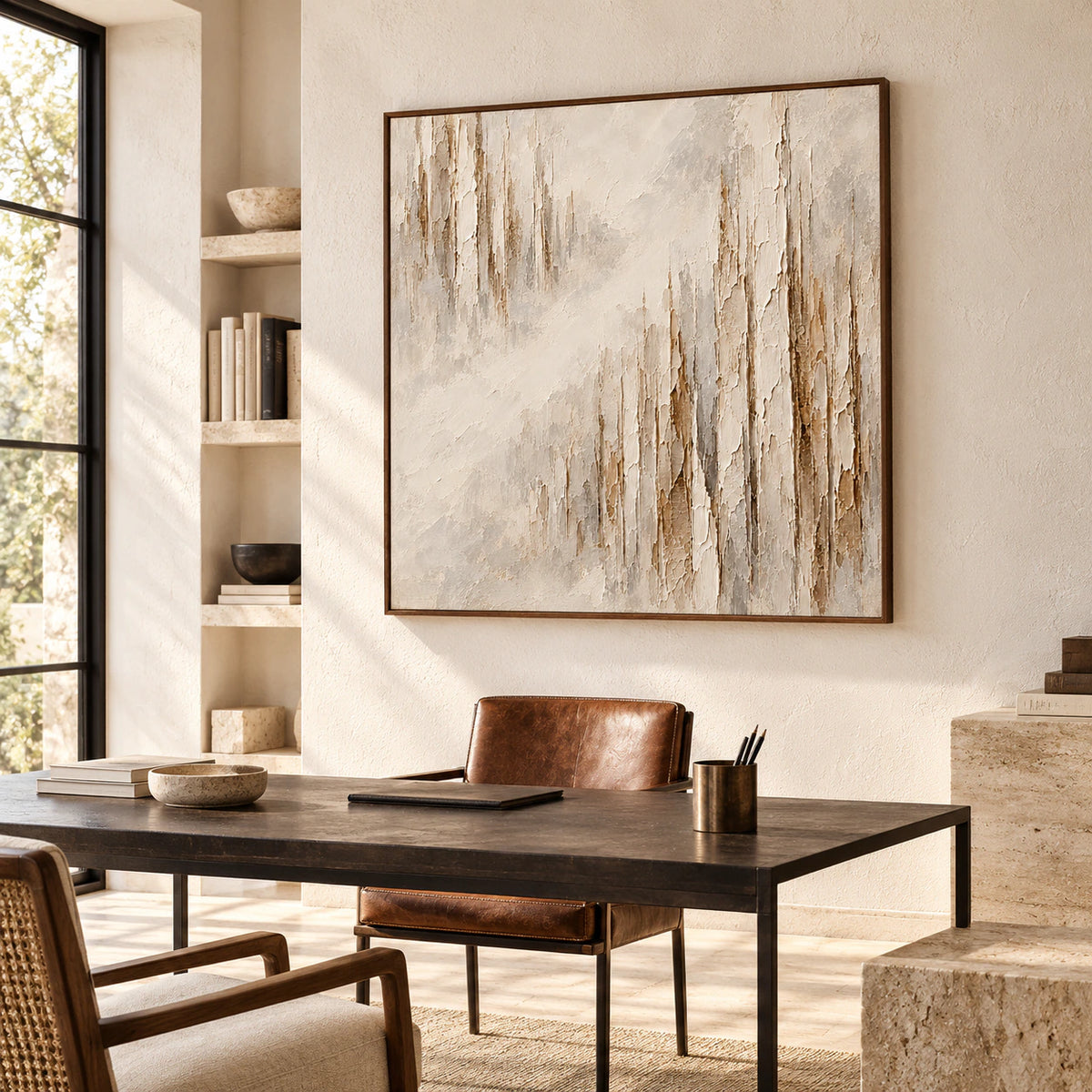 Veiled-Strata square abstract wall art in an airy home office with a simple desk, open shelving and soft daylight.