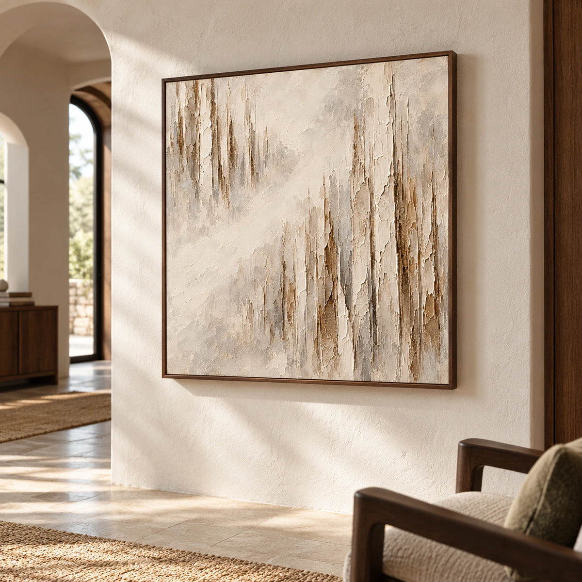 Veiled-Strata square abstract wall art presented at gallery scale in a bright foyer with limestone flooring and a long view through the space.