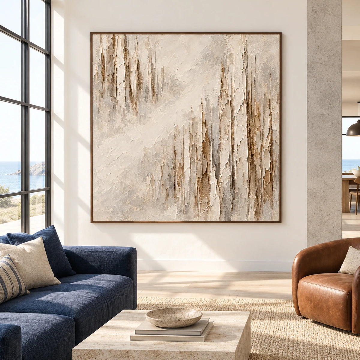 Veiled-Strata square abstract wall art in an expansive loft interior with tall windows, concrete surfaces and understated seating.