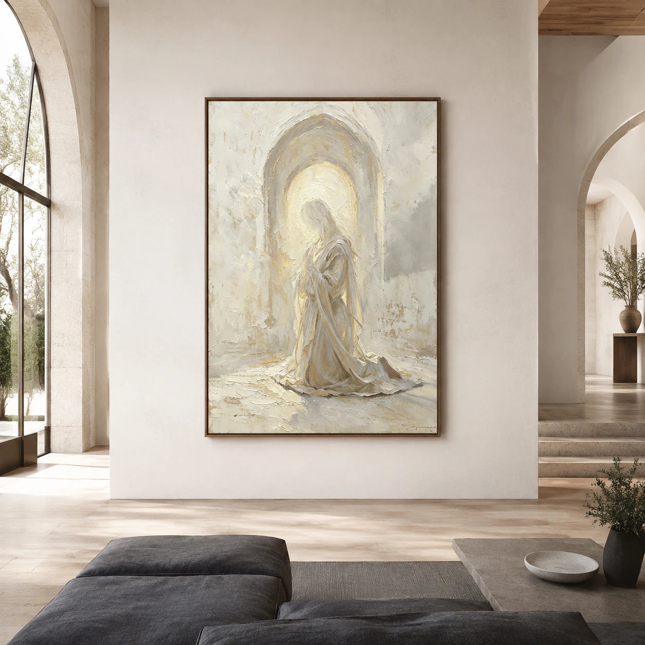 Large straight-on gallery interior featuring Veiled-Threshold at an impressive scale.