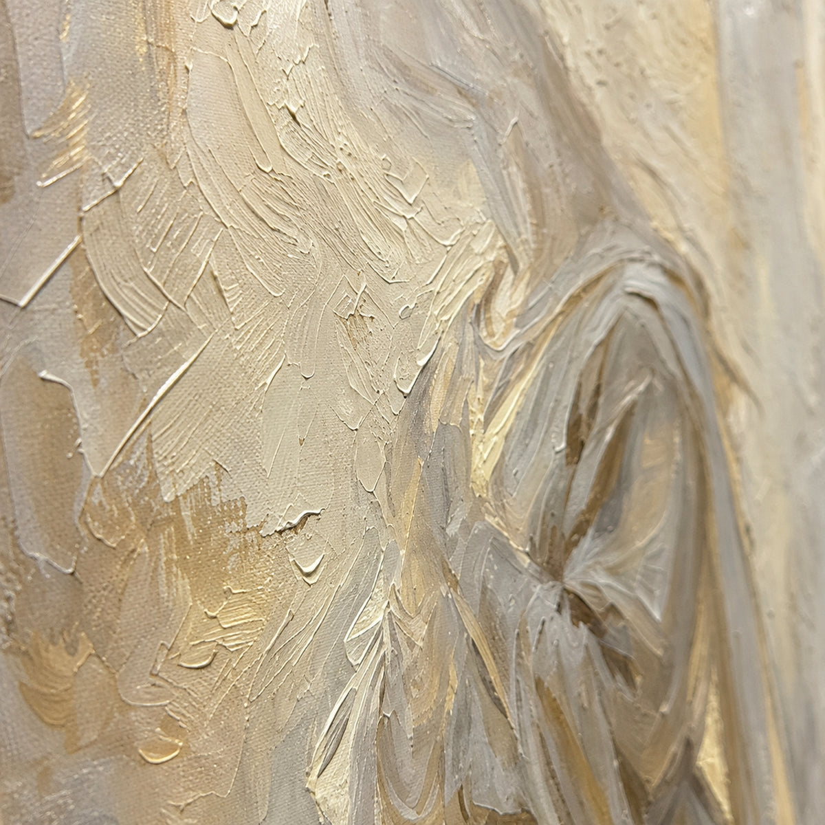 Veiled-Threshold oil painting brushwork and impasto detail photographed from an oblique side angle