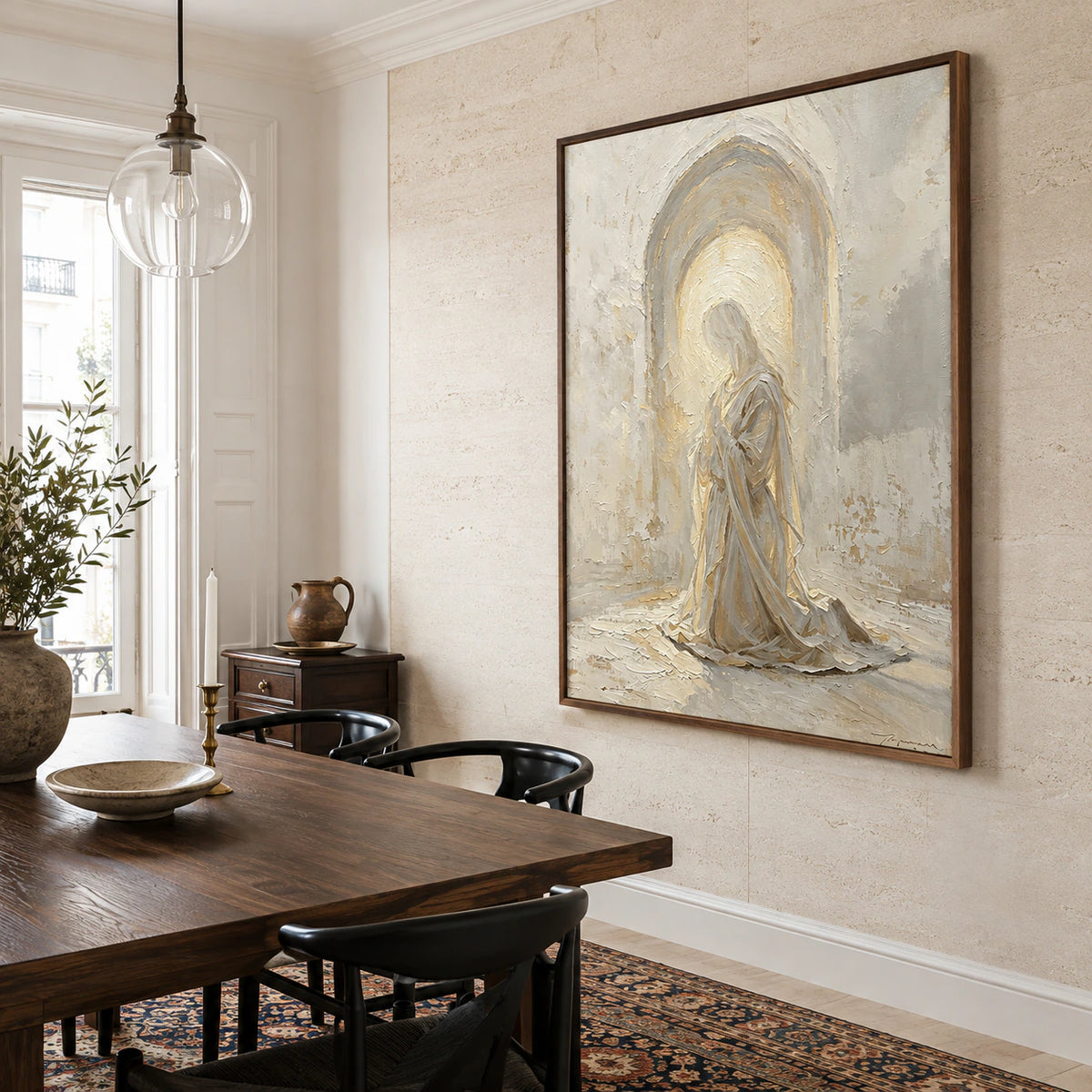 Veiled-Threshold as the focal artwork in a refined daylight dining room.