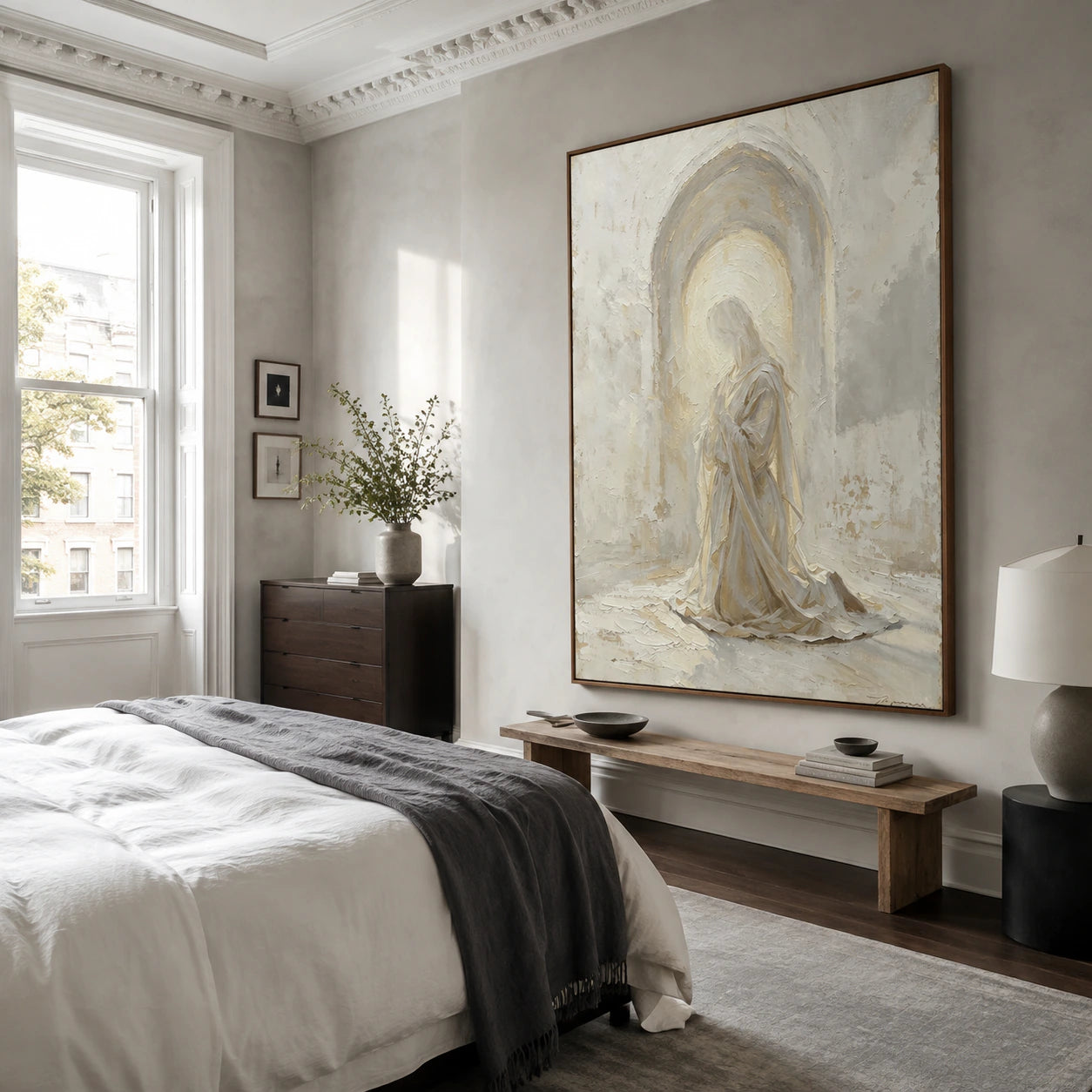 Veiled-Threshold above a quiet bedroom seating area in soft natural light.