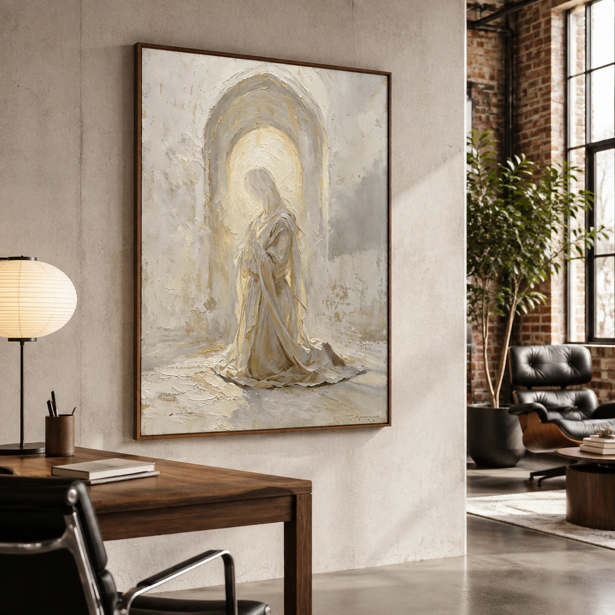 Veiled-Threshold in an airy, architectural home office reading space.