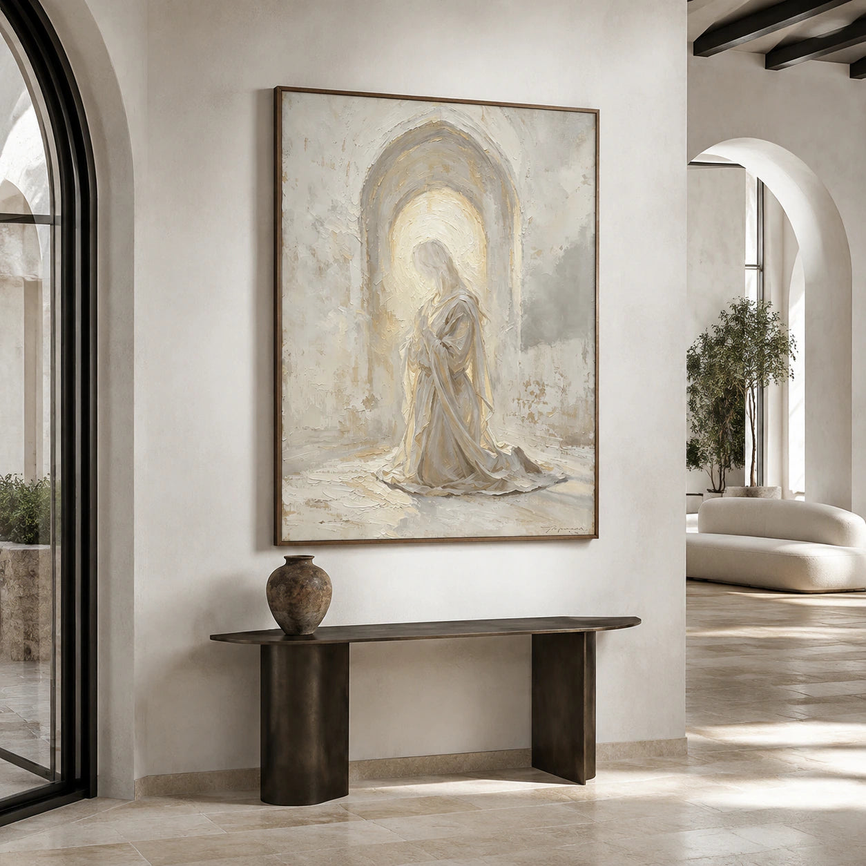 Veiled-Threshold presented at gallery scale in a luminous foyer.