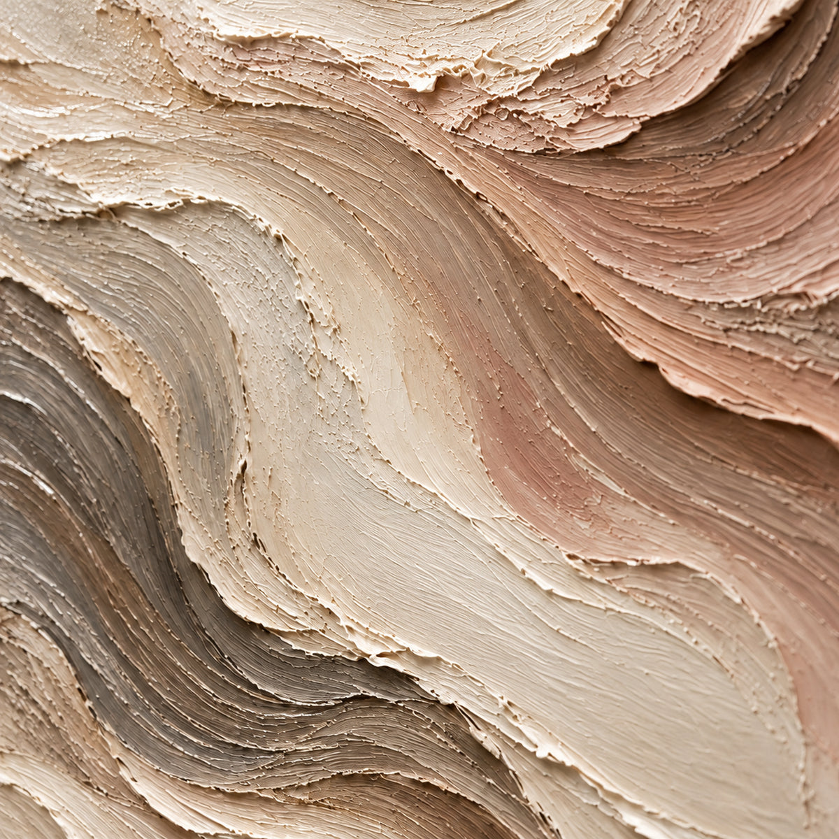 Oblique close-up of Velvet-Eddies oil painting, showing ivory, taupe, rose and brown paint ridges with fine grooves and shallow shadows under grazing light.