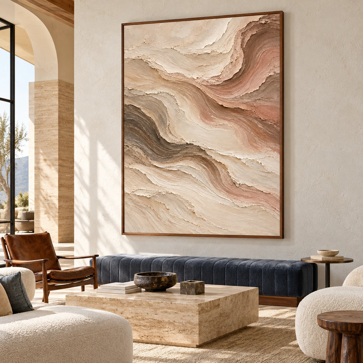 Large vertical abstract painting on a tall pale wall in a bright loft lounge with black metal accents, a deep blue-gray bench and pale furnishings, viewed from the right.