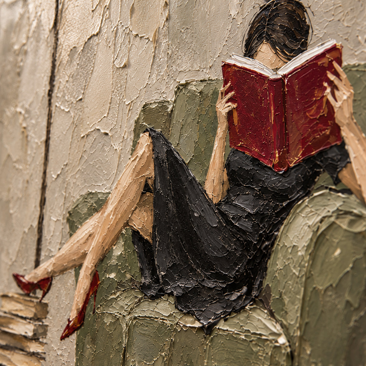 Velvet-Interval oil painting brushwork and impasto detail photographed from an oblique side angle