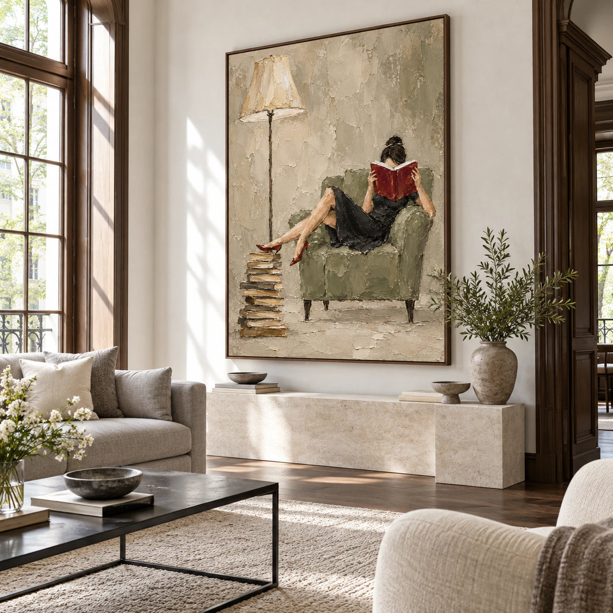 Velvet-Interval as the focal artwork in a bright, open living room.