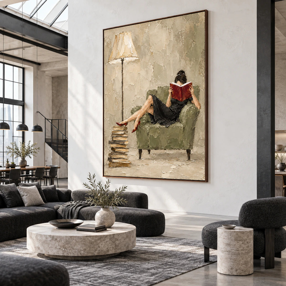 Velvet-Interval as a large focal artwork in an expansive hospitality loft.