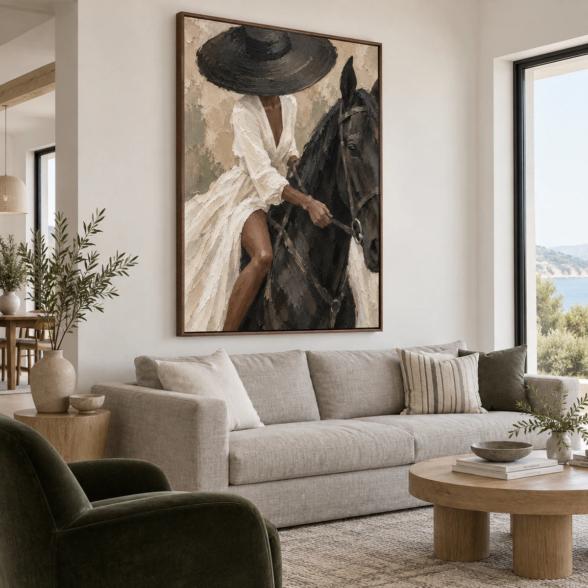 Velvet-Rein above a contemporary sofa in a bright living room.