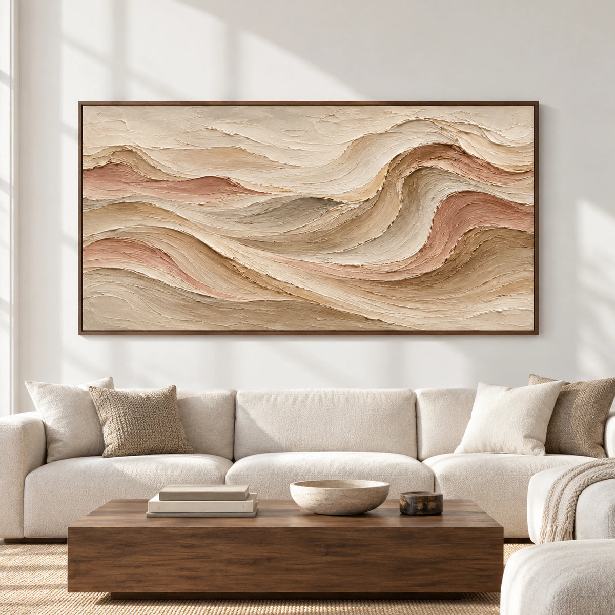Large Velvet Strata abstract painting displayed straight-on in a spacious, bright interior.