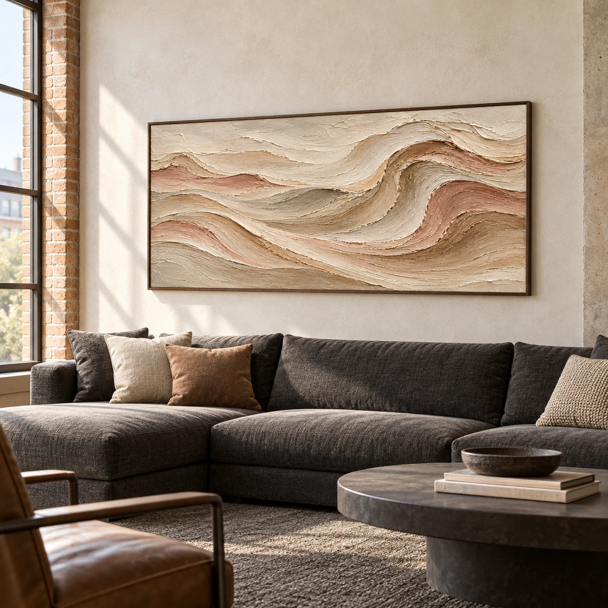 Velvet Strata above a low charcoal sofa in a bright living room with pale stone walls and daylight from tall windows.