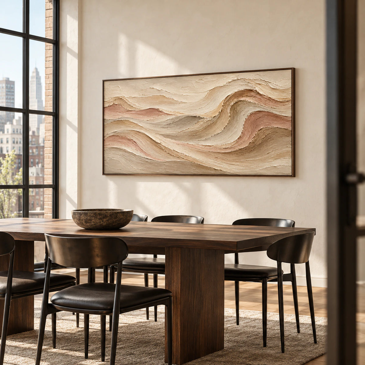 Velvet Strata as the focal point of a refined dining room with a dark wood table, sculptural chairs and soft natural light.