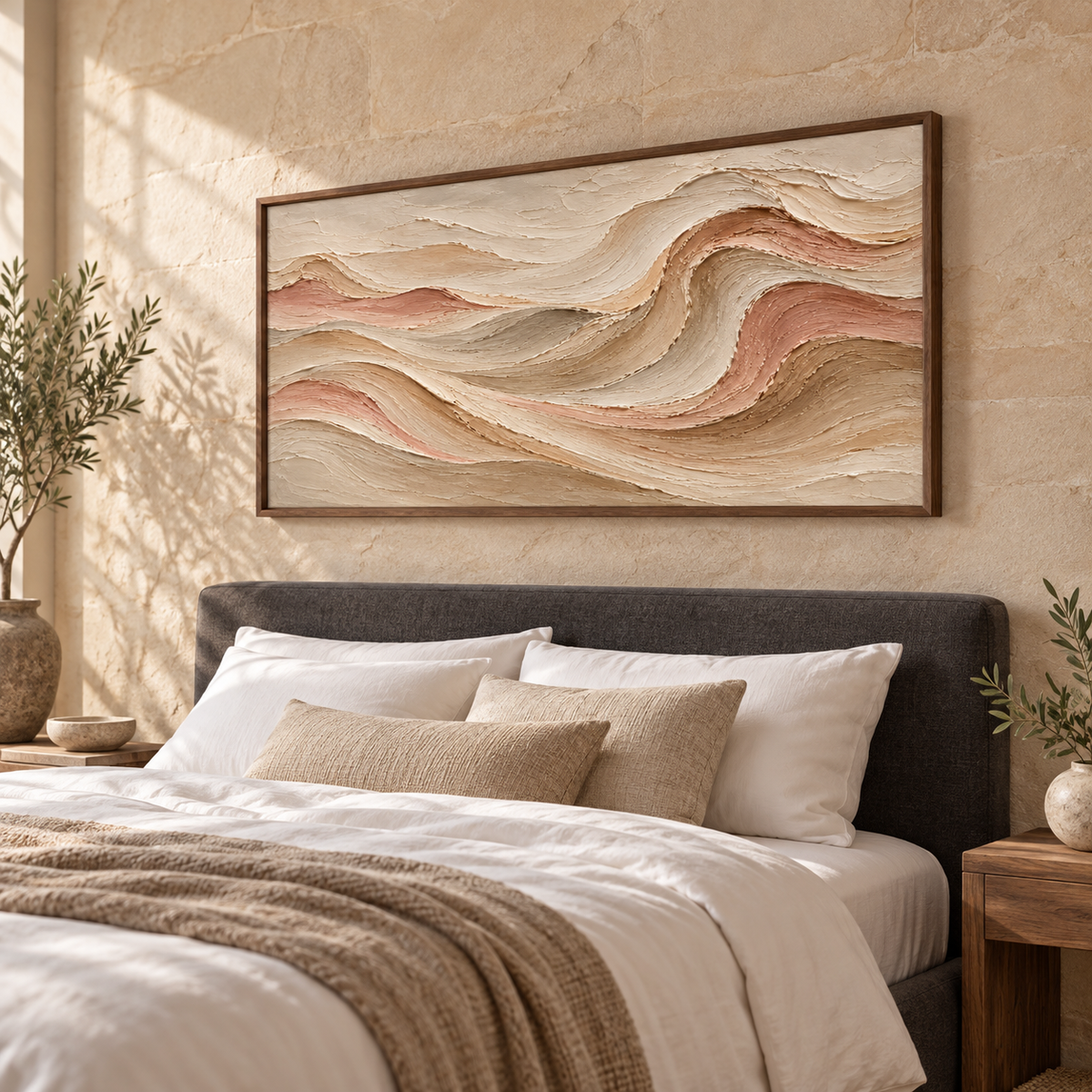 Velvet Strata above a simple bed in a quiet bedroom with crisp white linens and gentle morning light.