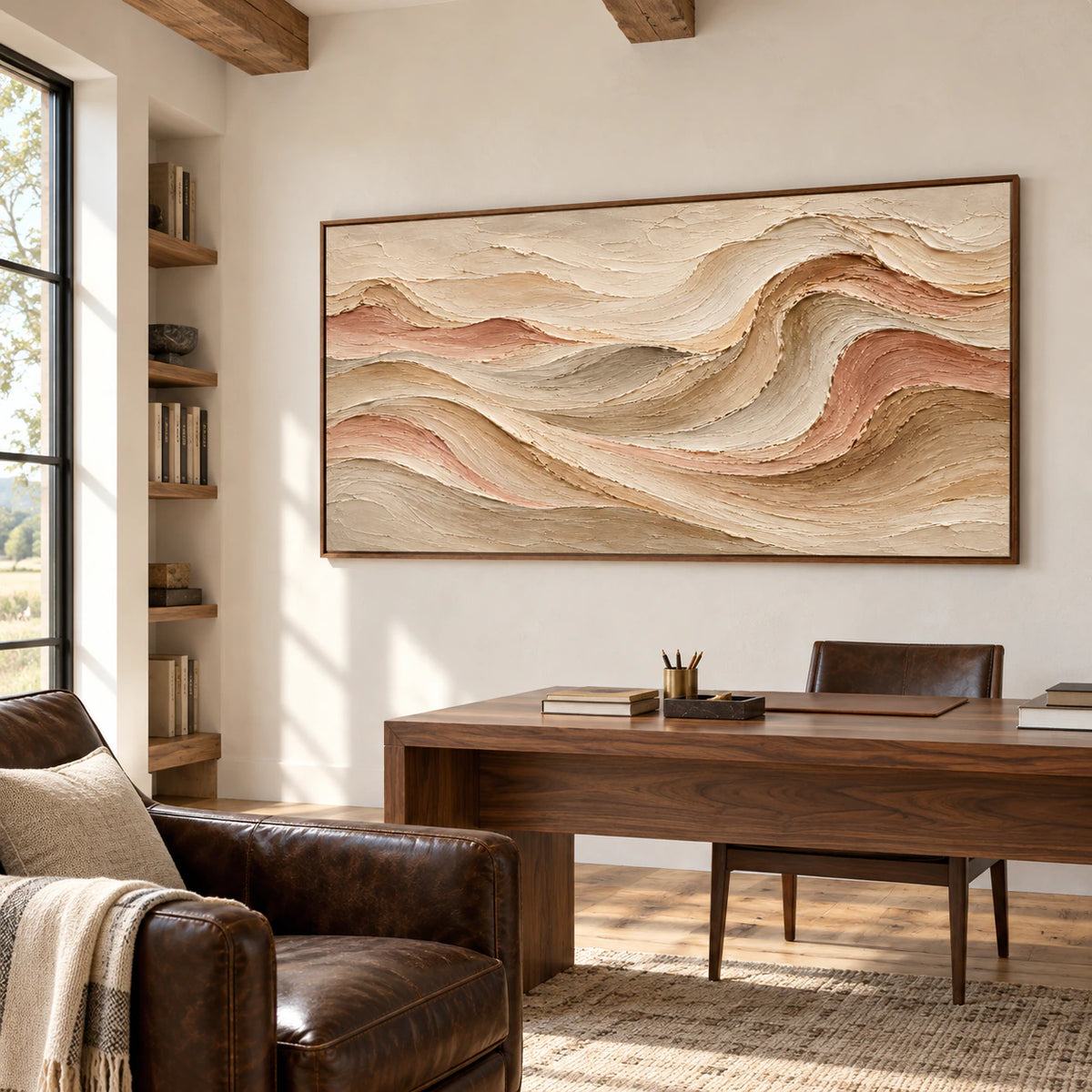 Velvet Strata in an airy home office with a walnut desk, restrained furnishings and clear daylight.