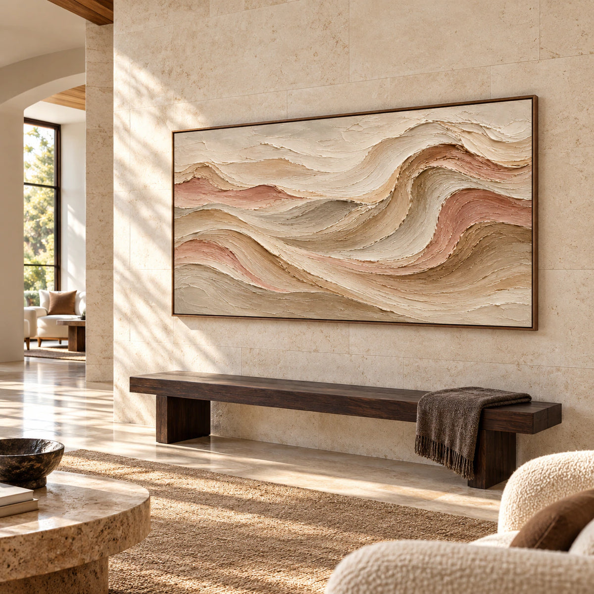 Velvet Strata at large scale in a bright foyer with limestone walls, a long bench and open architectural space.