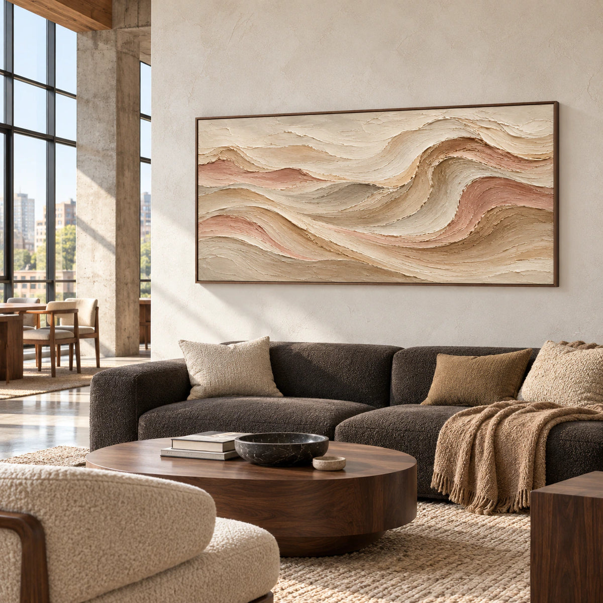 Velvet Strata commanding a spacious loft interior with concrete architecture, understated furnishings and bright natural light.