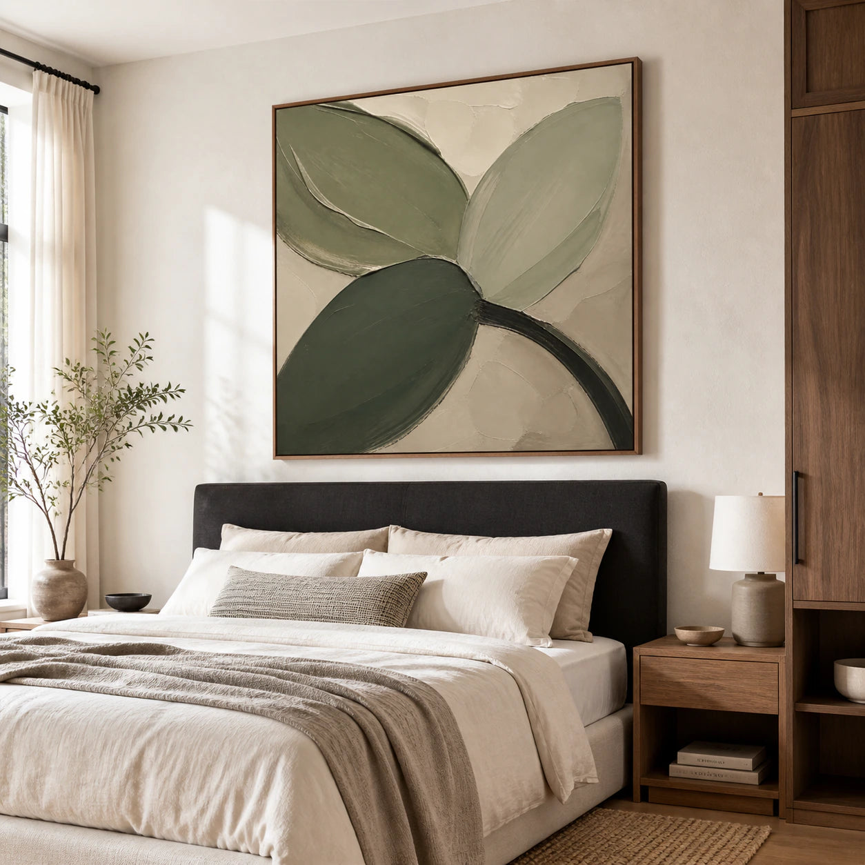 Verdant-Arc bringing tactile olive and cream depth to a quiet bedroom.